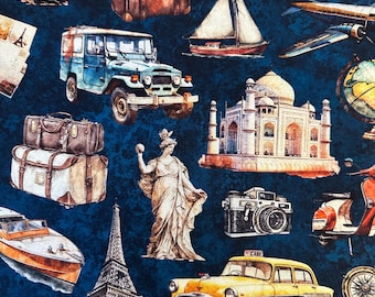 Half Yard - Globetrotter by Quilting Treasures - Travel Icons on Navy Vacation Landmarks Attractions World Traveler Cotton Fabric FREESHIP90