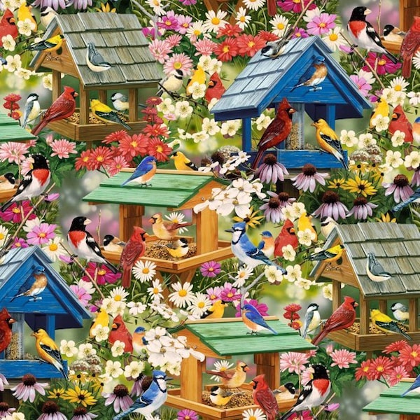 Yard Spring Again by David Textiles Various Birds Finch Canary Cardinal Bluebird Large Birdhouses Flowers Cotton Fabric BTY