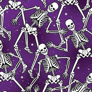Half Yard  Halloween Spirit Skeleton Crew in Purple  by Benartex  Glow in the Dark Retro Vibe  Cotton Fabric FREESHIP90