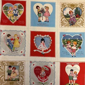 May include: Nine vintage Valentine's Day cards featuring children in various poses with hearts and flowers. The cards have a red, blue, or white background with gold accents. The text on the cards includes "To My Valentine", "Valentine Greetings", and "I'm not your Valentine, but I love you!"