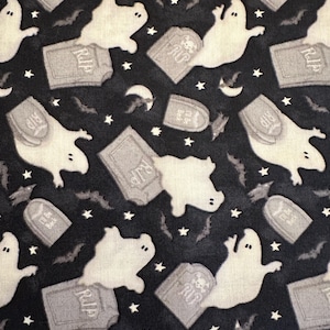 Half Yard  Nights of Olde Salem by Henry Glass  Halloween Glow in the Dark Ghosts Tombstones on Black Cotton Fabric FREESHIP90