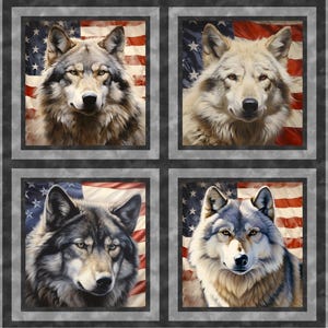 May include: A fabric panel featuring four distinct square portraits of wolves, each set against a backdrop of the American flag. The design includes a dark gray border and vertical side strips decorated with a repeating pattern of wolf faces.
