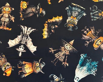 May include: A black fabric featuring a repeating pattern of Halloween-themed illustrations including scarecrows, owls wearing top hats, ghosts, bats with yellow wings, black cats in witch hats, and jack-o'-lanterns in various orange and dark tones.
