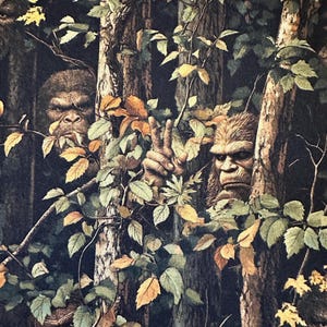 NEW! Half Yard - Legendary Loner Peekaboo! by 3 Wishes - USA Sasquatch Bigfoot in the Forest Trees American Lore Cotton Fabric FREESHIP90