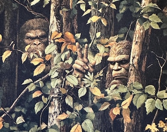 NEW! Half Yard - Legendary Loner Peekaboo! by 3 Wishes - USA Sasquatch Bigfoot in the Forest Trees American Lore Cotton Fabric FREESHIP90