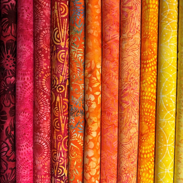 12 Piece Warm Sunrise Batik Bundle Assorted Expressions Batiks by Riley Blake - Hot Reds Magentas Oranges Yellows Cotton Fabric