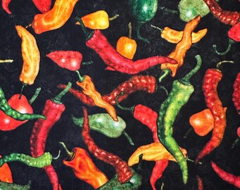EOB 30"x44" Chili Peppers Toss on Black by Quilting Treasures - Grab Bag 3 Collection Hot Peppers Cotton Fabric