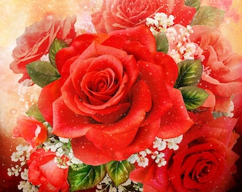 XL Panel - American Beauty Red Roses by Oasis Fabrics - 60"x60" Roses Summer Spring Garden Fabric Cotton Panel - Quick Quilt Top or Backing