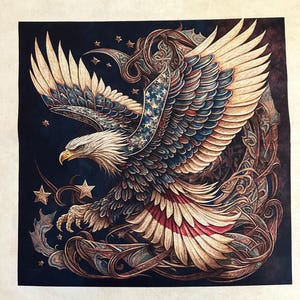 May include: A detailed illustration of an American bald eagle with outstretched wings, featuring patriotic colors. The eagle's feathers display shades of blue, white, and red, with stars and stripes incorporated into the design. The background is a dark blue with decorative swirls.