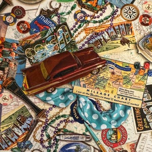 NOVITÀ! Viaggio d'epoca di Robert Kaufman - Cartoline di viaggio retrò vintage USA America Poster Route 66 Tessuto di cotone Aimee Stewart