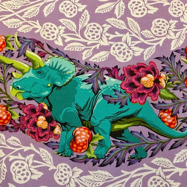 NEW! Half Yard - ROAR! Trifecta in Mist by Tula Pink - Dinosaurs Triceratops Roar by FreeSpirit - In Stock!