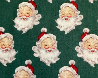 Half Yard - Merry Little Christmas by Riley Blake - Retro Vintage Christmas Santa Claus Faces Heads on Pine Cotton Fabric FREESHIP90
