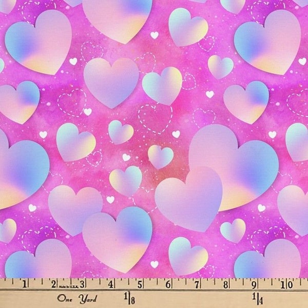 Half Yard  Valentine's Day Rainbow Hearts on Pink by David Textiles  Love Romance Digitally Printed Cotton Fabric