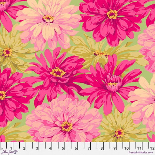 NEW! Martha Negley Garden - Pink Giant Zinnia - Cotton Floral Fabric Zinnias on Lime by FreeSpirit