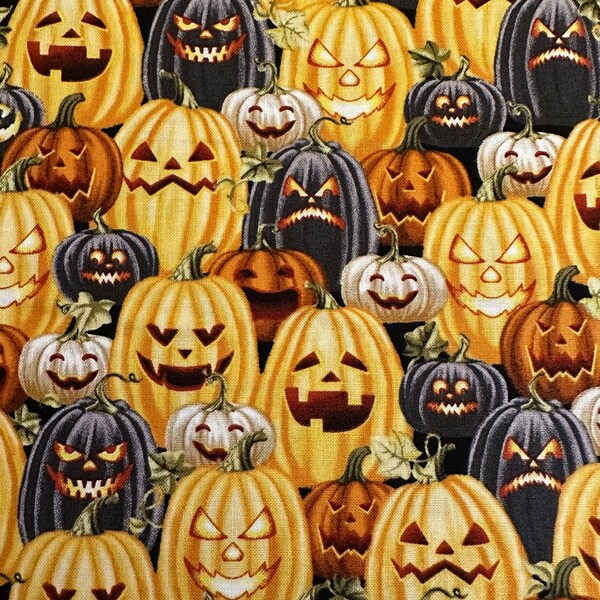 NEW! Half Yard  Halloween Ball JackOLantern Patch by Henry Glass  Carved Pumpkins Cotton Fabric