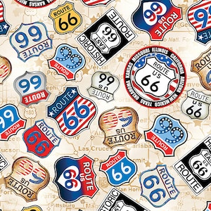 Half Yard - America's Highway di Benartex, segnaletica stradale della Route 66 su tessuto di cotone color marrone chiaro per la mappa degli Stati Uniti