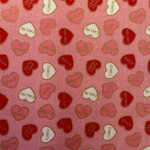 Half Yard  Mint for You Candy Hearts on Pink by Riley Blake  Valentine&#39;s Day Hearts Gold Metallic Cotton Fabric FREESHIP90