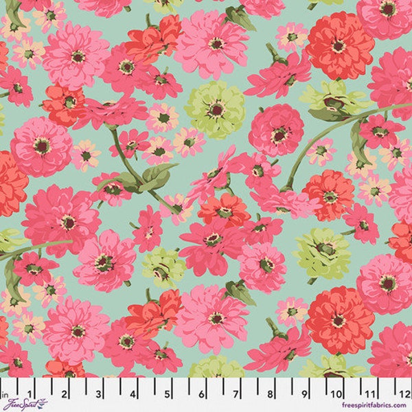 NEW! Martha Negley Garden - Zinnia Toss on Aqua - Cotton Floral Fabric Zinnias by FreeSpirit