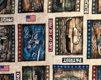 Half Yard - Patriot Marines Corp Patch on Tan by Quilting Treasures - USA America US Military Veteran Patriotic Quilts of Valor Fabric