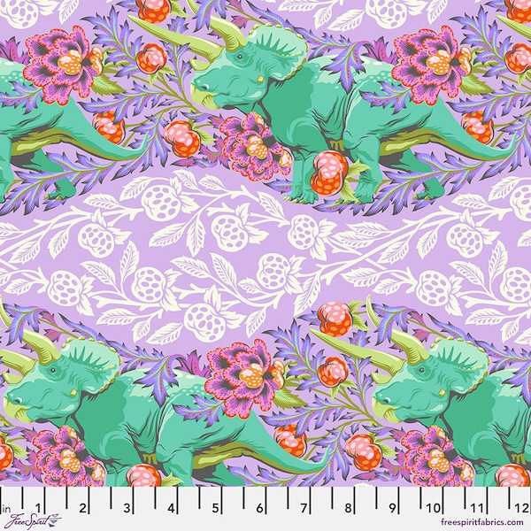 NEW! Half Yard - ROAR! Trifecta in Mist by Tula Pink - Dinosaurs Triceratops Roar by FreeSpirit - In Stock!