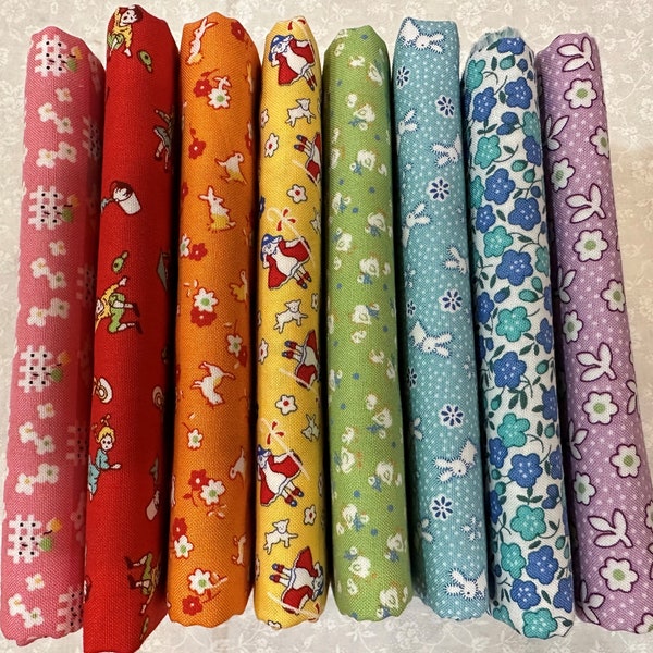 8 Piece Fat Quarter Sampler of Storytime 30s by Riley Blake - Nursery Reproduction Feedsack 1930s Calico Small Print 30s Cotton Fabric