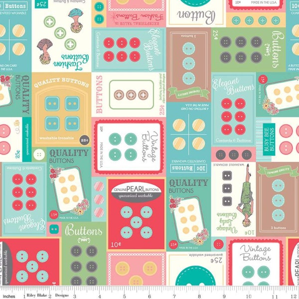 CANVAS! Half Yard My Happy Place Button Cards Home Decor Cotton Fabric Lori Holt for Riley Blake 57" Wide Retro Vintage Lightweight Canvas