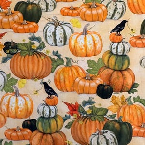 Half Yard - Autumn Pumpkins by Robert Kaufman - Halloween Fall Thanksgiving Farmer&#39;s Market Garden Pumpkins on Vanilla Cotton Fabric