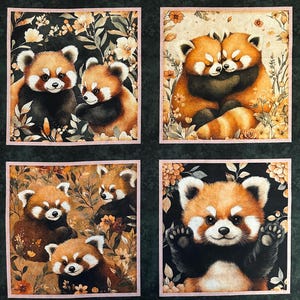 May include: A fabric panel featuring four square illustrations of red pandas. The top left shows two red pandas, the top right shows two hugging, the bottom left shows three, and the bottom right shows one red panda with raised paws.