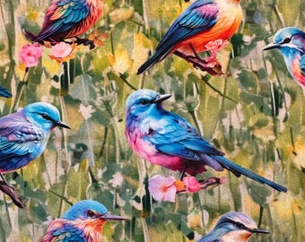 Media yarda - Primavera en la belleza de 3 Wishes - Tela de algodón con pájaros coloridos ENVÍO GRATIS 90