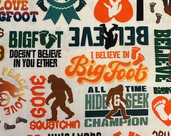 Half Yard - Legendary Loner Phrases on White by 3 Wishes - RV Travel Vacation USA Bigfoot Sasquatch American Lore Cotton Fabric FREESHIP90