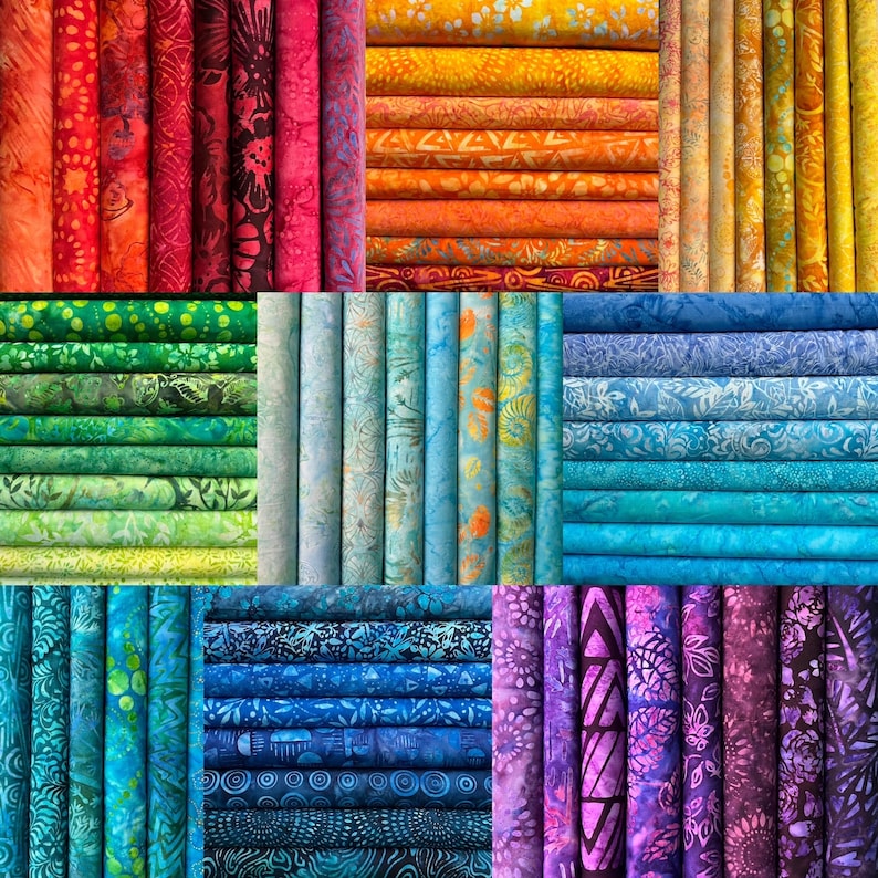 Vibrant Batik Color Bundles - Assorted Colorful Batik Fat Quarter Sets - Cotton Fabric by Riley Blake Robert Kaufman FREESHIP90 10 Rainbow Surprise