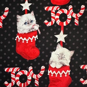 Half Yard - Furry and Bright Kittens in Red Stockings on Black by StudioE - Holiday Kitty Animal Pet Christmas Cats Cotton Fabric FREESHIP90