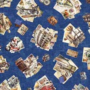 Half Yard - Globetrotter di Quilting Treasures - Collage di icone di viaggio su tessuto di cotone denim, punti di riferimento per le vacanze, attrazioni, viaggiatori del mondo