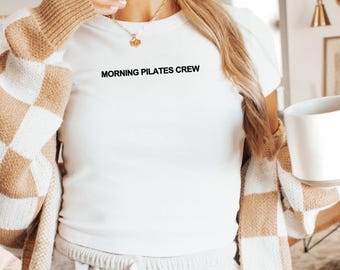Morning Pilates Crew - Women's Fitted Gym, Workout Crop Tee