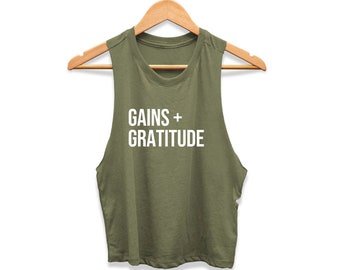 Workout Shirts Women | Gym Tank Top | Workout Crop Top | Workout Motivation | Lifting Shirts Women | Gains + Gratitude