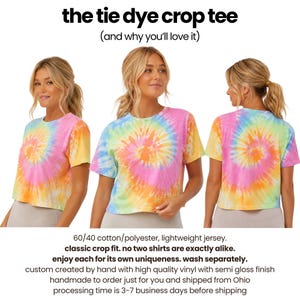 The image is a collage of three photos featuring a woman wearing a tie-dye crop top. The woman is wearing the tie-dye crop top in different colors and poses in various ways. The collage is accompanied by text that provides information about the product, including details about the material, size, and shipping.