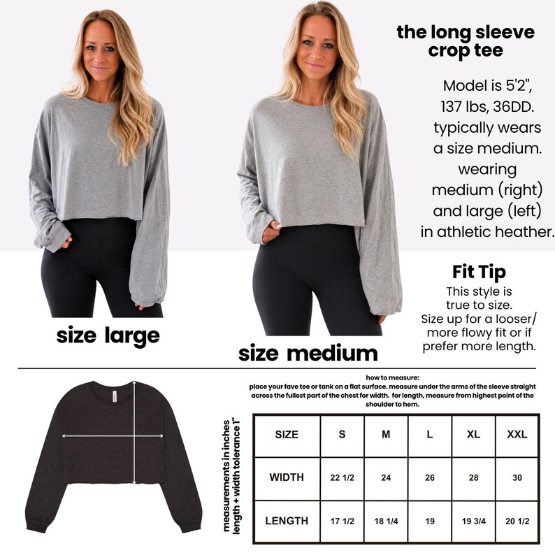 The image is a collage of two photos of a woman wearing a long sleeve crop top, with text providing information about the size and fit of the garment.