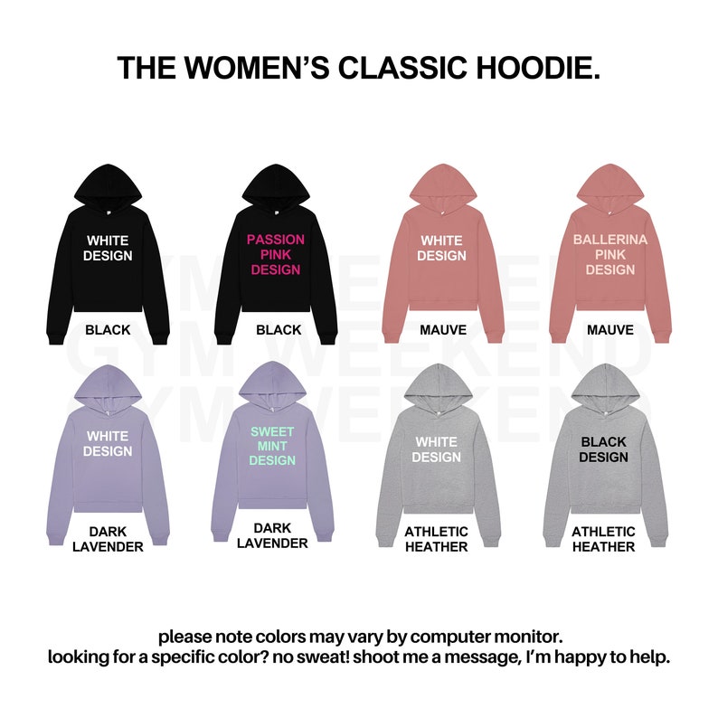 a women's classic hoodie with different colors