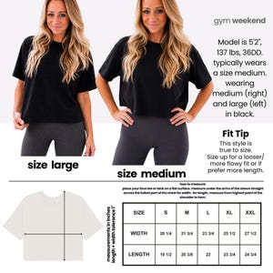 The image is a collage of two photos of a woman wearing a black t-shirt, with text providing information about the size of the t-shirt and the fit tip.