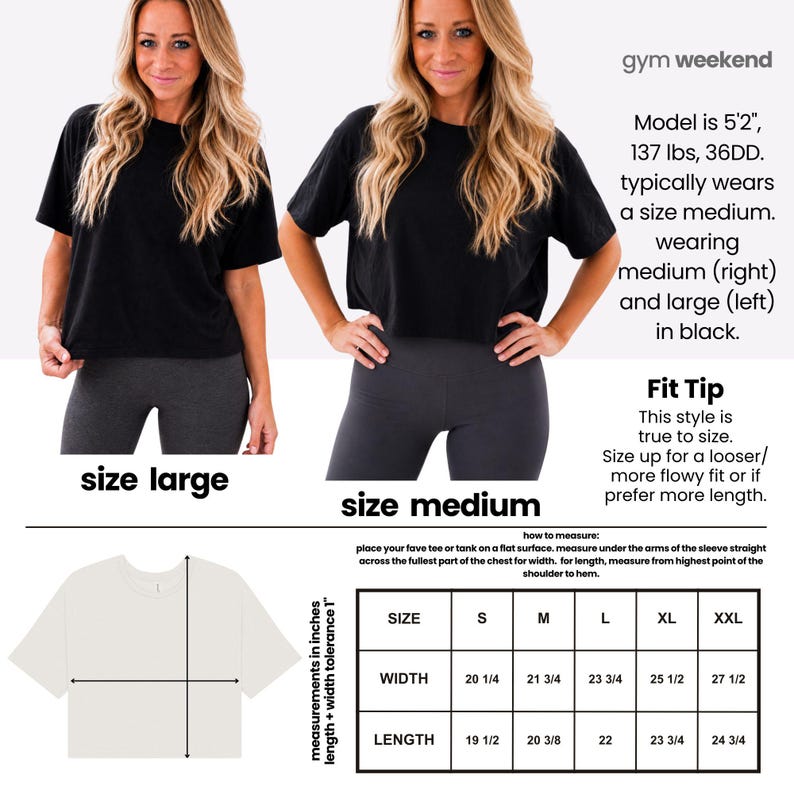 The image is a collage of two photos of a woman wearing a black t-shirt, with text providing information about the size of the t-shirt and the fit tip.