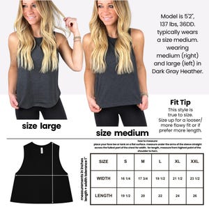 The image is a collage of two photos of a woman wearing a gray tank top, with a size comparison chart below the photos.