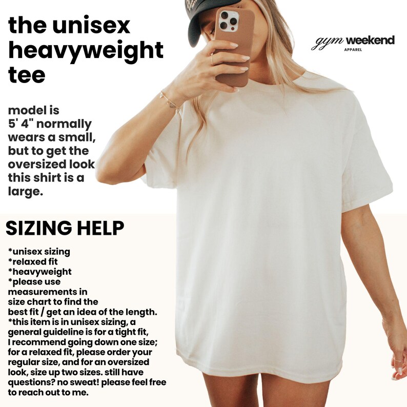 The image is a collage of two images. In the first image, a woman is taking a selfie with a large, unisex heavyweight t-shirt. In the second image, the woman is holding a phone up to her face, possibly taking a photo of herself. The collage does not contain any text, and the images do not depict scenes or actions. The focus is on the woman and her actions.
