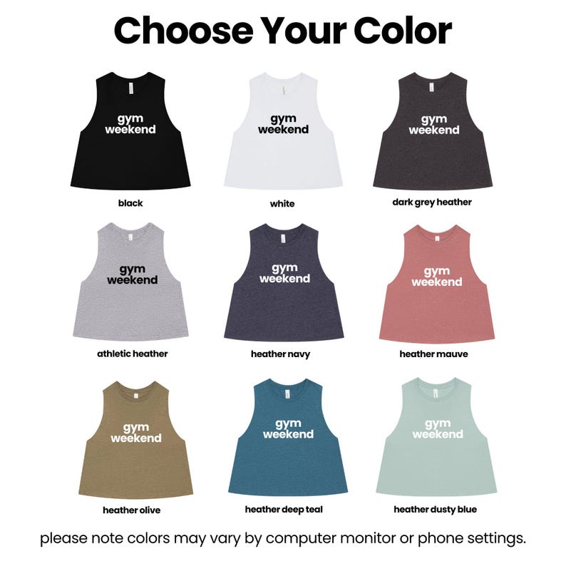 a collection of eight different colored gym weekender tops, each with a unique color and design.