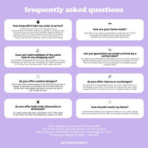 a collection of frequently asked questions about shopping and online purchases, including inquiries about shipping times, custom designs, returns, and washing instructions.