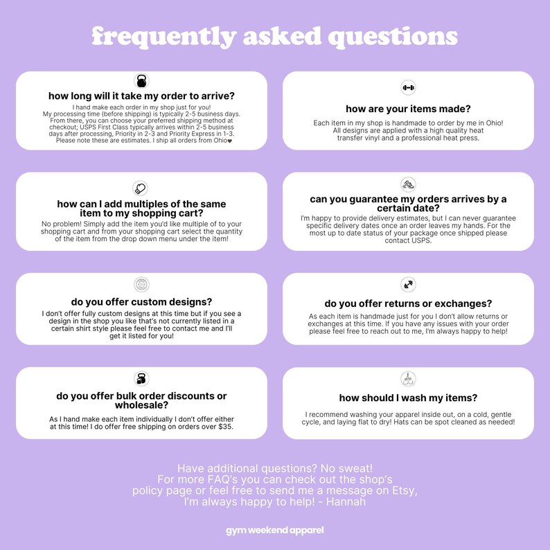 a collection of frequently asked questions about shopping and online purchases, including inquiries about shipping times, custom designs, returns, and washing instructions.
