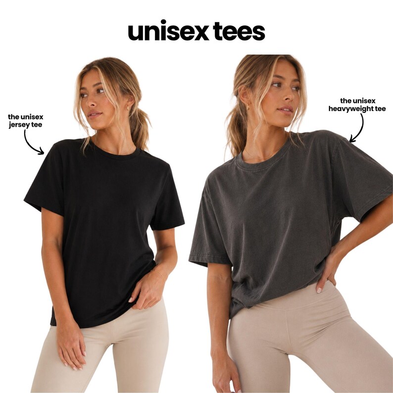 The image is a collage of two photos featuring a woman wearing a black t-shirt and a gray t-shirt, with text indicating the differences between the two styles of t-shirts.