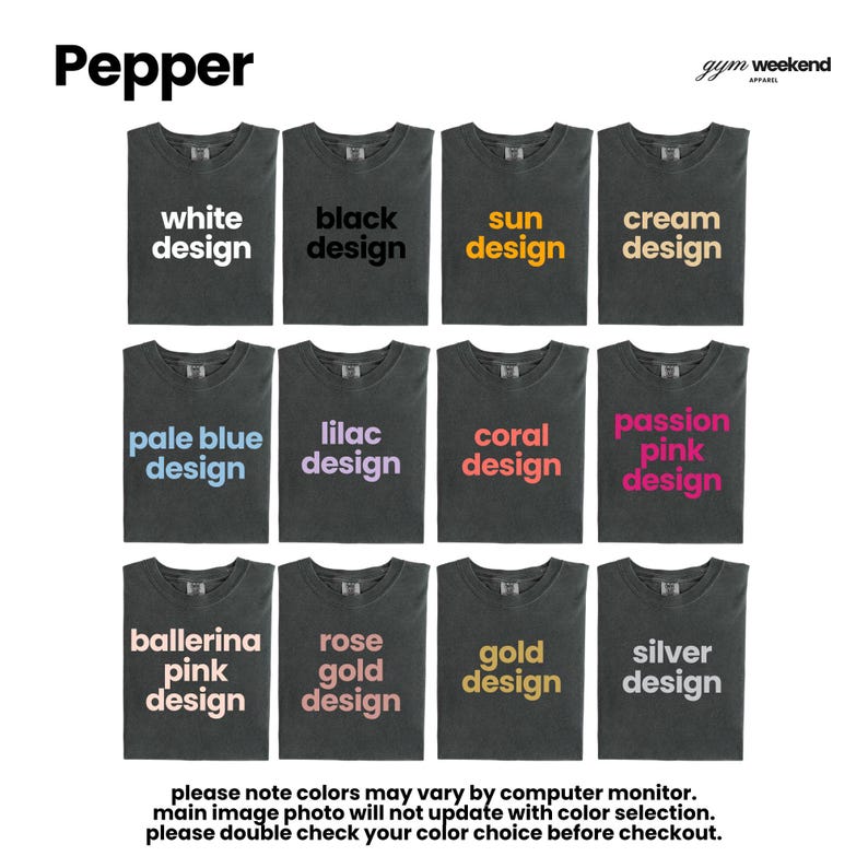 A collage of black t-shirts with different color designs, including white, black, cream, and various other designs.