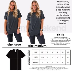 The image is a collage of two photos of a woman wearing a grey t-shirt, along with a size chart and a fit tip for the t-shirt.
