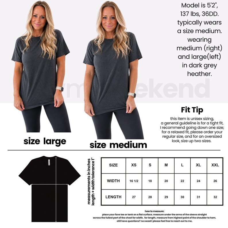 The image is a collage of two photos of a woman wearing a grey t-shirt, along with a size chart and a fit tip for the t-shirt.
