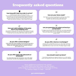 a collection of frequently asked questions about shopping and online purchases, including inquiries about shipping times, custom designs, returns, and washing instructions.